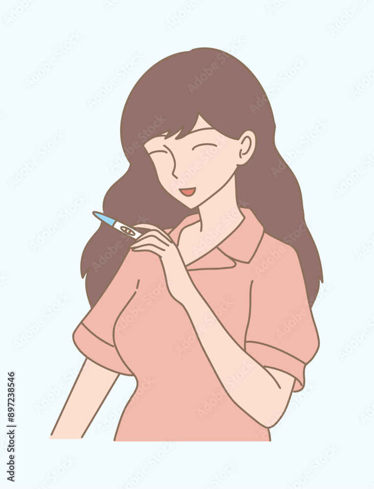 Happy woman holding pregnancy test with two stripes. Pregnant woman holding positive pregnancy test stick. Hand drawn flat cartoon character vector illustration. Happy woman holding pregnancy test with two stripes. Pregnant woman holding positive pregnancy test stick. Hand drawn flat cartoon character vector illustration.