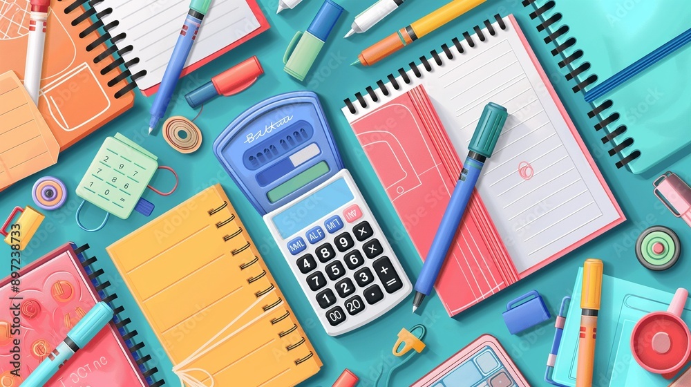 A lively vector design featuring a variety of school supplies like notebooks, markers, and a calculator, creatively arranged with a back to school theme. A lively vector design featuring a variety of school supplies like notebooks, markers, and a calculator, creatively arranged with a back to school theme.
