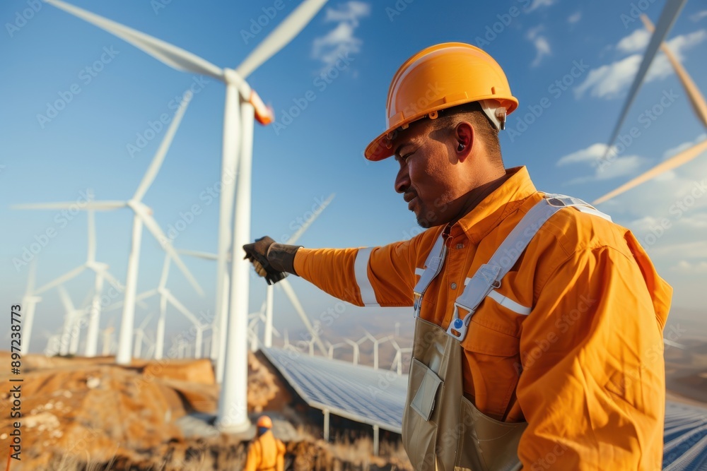 A construction worker in orange safety gear points towards multiple wind turbines in a sunny and arid landscape, emphasizing renewable energy and sustainable practices. A construction worker in orange safety gear points towards multiple wind turbines in a sunny and arid landscape, emphasizing renewable energy and sustainable practices.