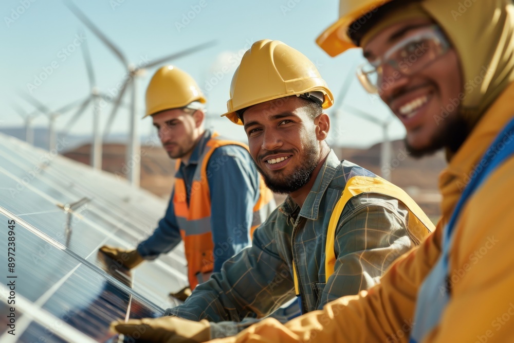 Three workers in safety gear, including helmets and vests, are actively involved in solar panel installation at a site featuring wind turbines, showcasing renewable energy efforts. Three workers in safety gear, including helmets and vests, are actively involved in solar panel installation at a site featuring wind turbines, showcasing renewable energy efforts.