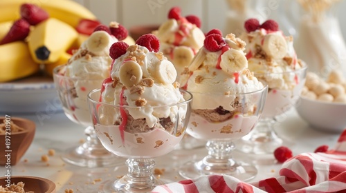 Delicious ice cream sundae decorated with fresh fruits and syrup