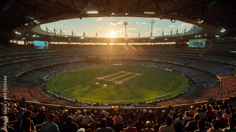 Fototapeta premium A crowd of cricket fans watch a game at sunset
