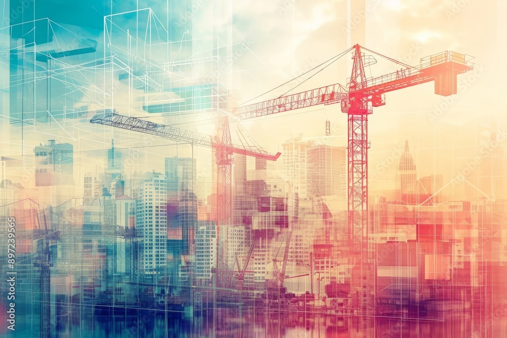 Cityscape With Multiple Construction Cranes, Illustration of a construction site superimposed on an image of a futuristic cityscape, AI Generated Cityscape With Multiple Construction Cranes, Illustration of a construction site superimposed on an image of a futuristic cityscape, AI Generated