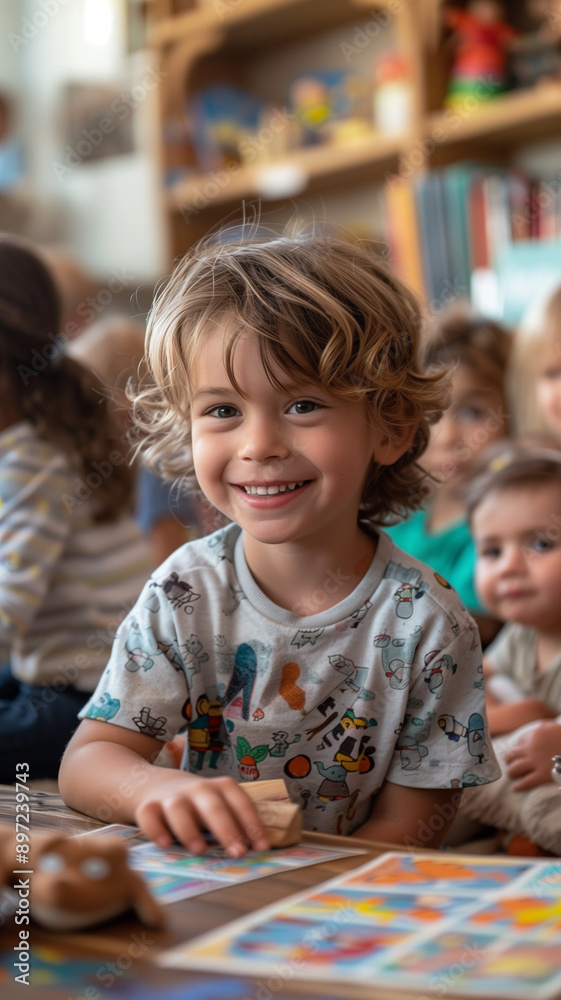 Young boy smiles while playing a game with friends in a classroom Young boy smiles while playing a game with friends in a classroom