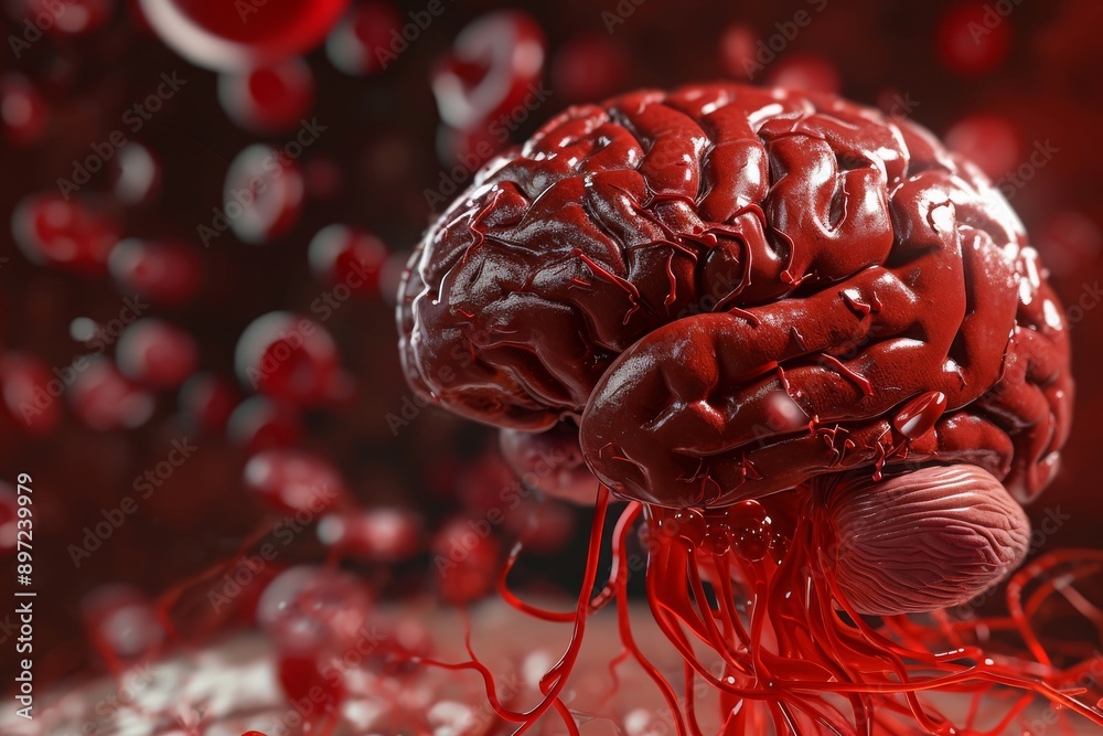 Foto de Red Brain Surrounded by Red Blood Cells, Illustration of ...