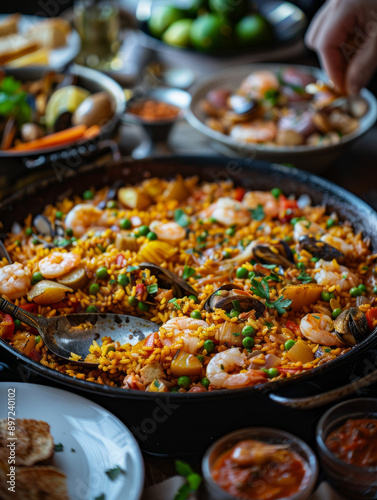 Seafood paella with shrimp, mussels, and peas in a pan.