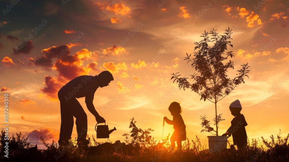 A man and two kids garden at sunset in a warm, serene scene. Pink, golden, and orange colors fill the sky, highlighting family togetherness and nurturing. A man and two kids garden at sunset in a warm, serene scene. Pink, golden, and orange colors fill the sky, highlighting family togetherness and nurturing.