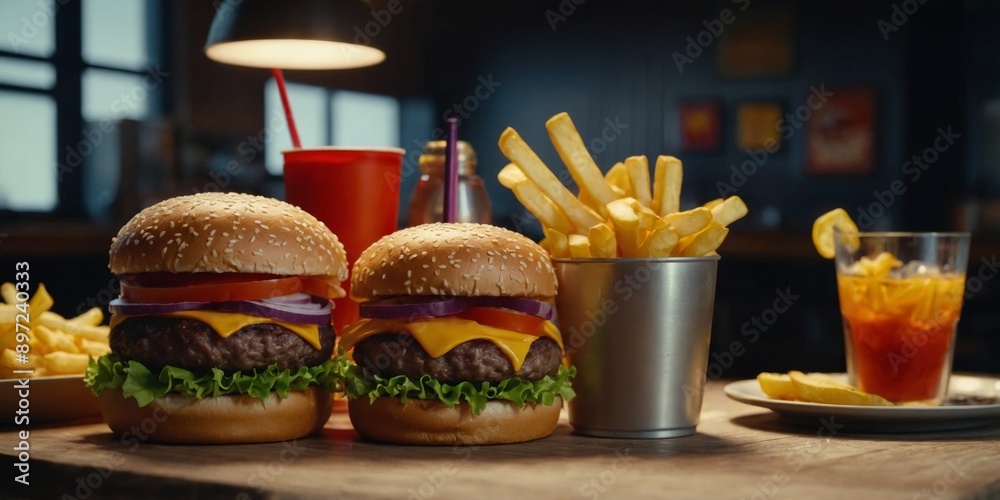 Various fast foods on the table, hamburgers, french fries, drinks, sauces. Various fast foods on the table, hamburgers, french fries, drinks, sauces.