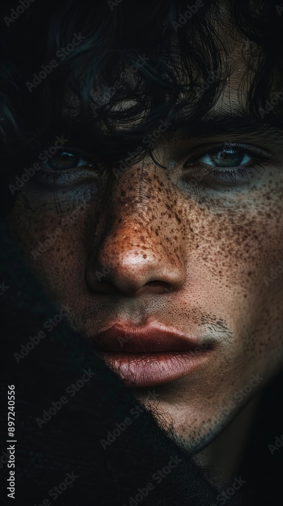 A portrait of a man with freckles, greenish-blue eyes, neat teeth and mauve lips, partially in shadow, creating a dramatic, artistic and dreamy atmosphere. A portrait of a man with freckles, greenish-blue eyes, neat teeth and mauve lips, partially in shadow, creating a dramatic, artistic and dreamy atmosphere.