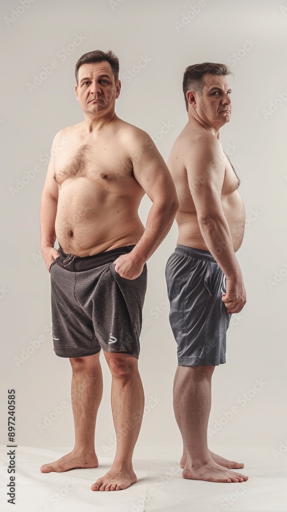 Image shows two men in gray shorts, one tall and lean facing the camera, the other shorter with obesity, back turned. Image shows two men in gray shorts, one tall and lean facing the camera, the other shorter with obesity, back turned.