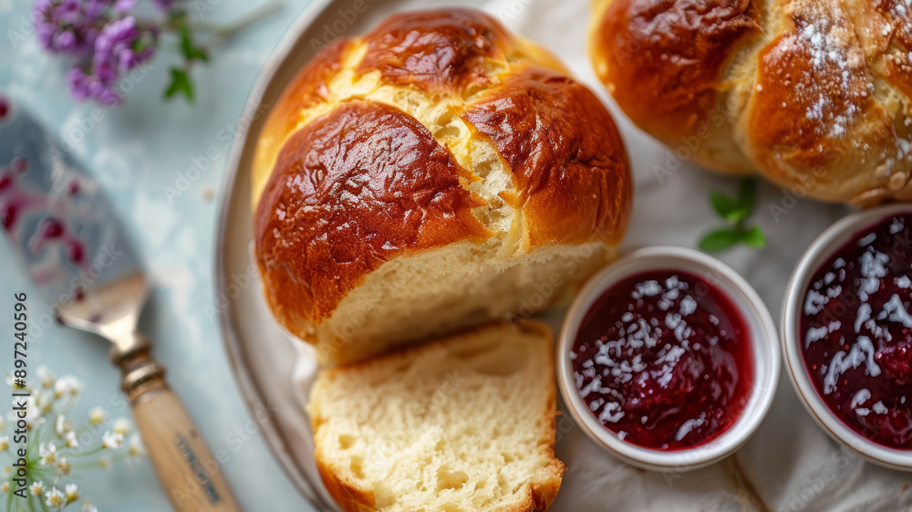 Fresh brioche rolls with jam served on a plate. Fresh brioche rolls with jam served on a plate.