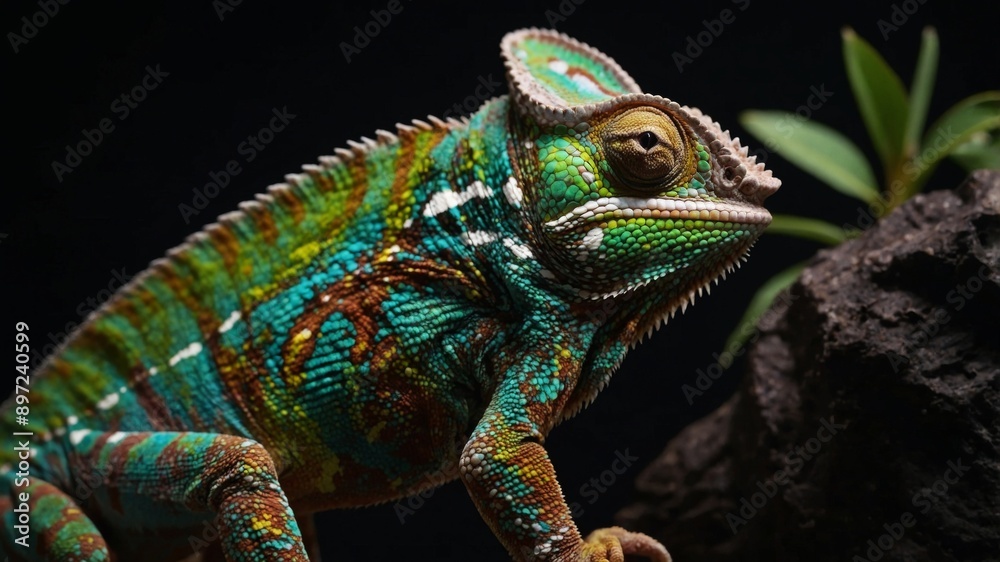 Side view closeup of amazing chameleon on black background Calumma oushaughessyi. Side view closeup of amazing chameleon on black background Calumma oushaughessyi.