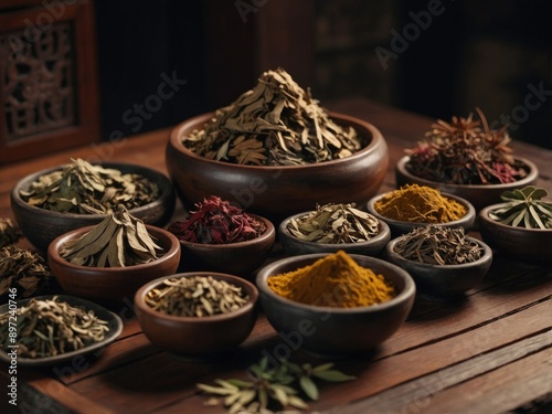 Traditional Chinese Medicine Herbs on Table.