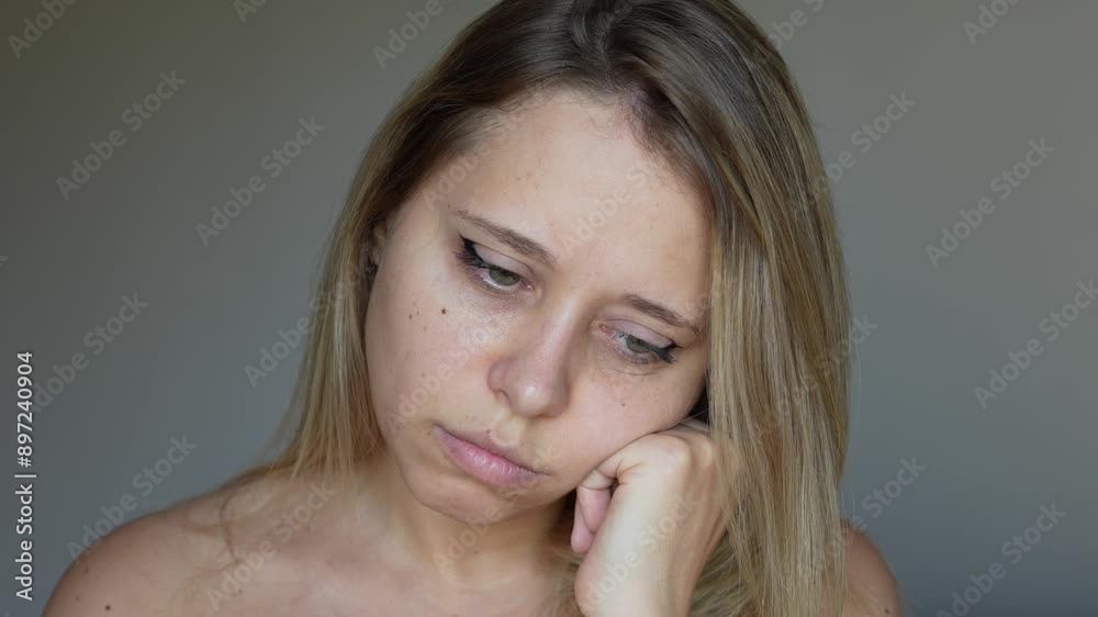 Close up of a sad upset and bored young caucasian blonde woman thinking and missing someone on a dark grey background. Loneliness and boredom. Depression, apathy Close up of a sad upset and bored young caucasian blonde woman thinking and missing someone on a dark grey background. Loneliness and boredom. Depression, apathy