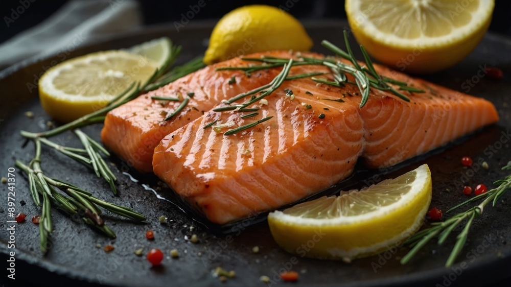 Tasty and fresh cooked salmon fish fillet with lemon and rosemary. Tasty and fresh cooked salmon fish fillet with lemon and rosemary.