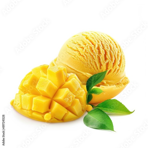 Mango Ice Cream with Sliced Mango and Green Leaves photo