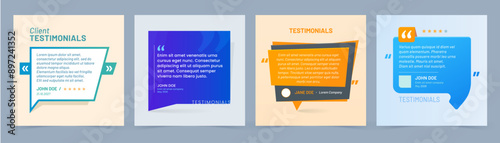 Testimony review templates, customer feedback, speech box layout, frames with quotation marks. Vector client testimonial, social media post, web banners or comments. Modern style message borders