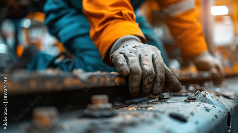 A worker wearing an orange uniform tightens bolts on machinery in an industrial setting, emphasizing the importance of precision and safety in manufacturing processes. A worker wearing an orange uniform tightens bolts on machinery in an industrial setting, emphasizing the importance of precision and safety in manufacturing processes.