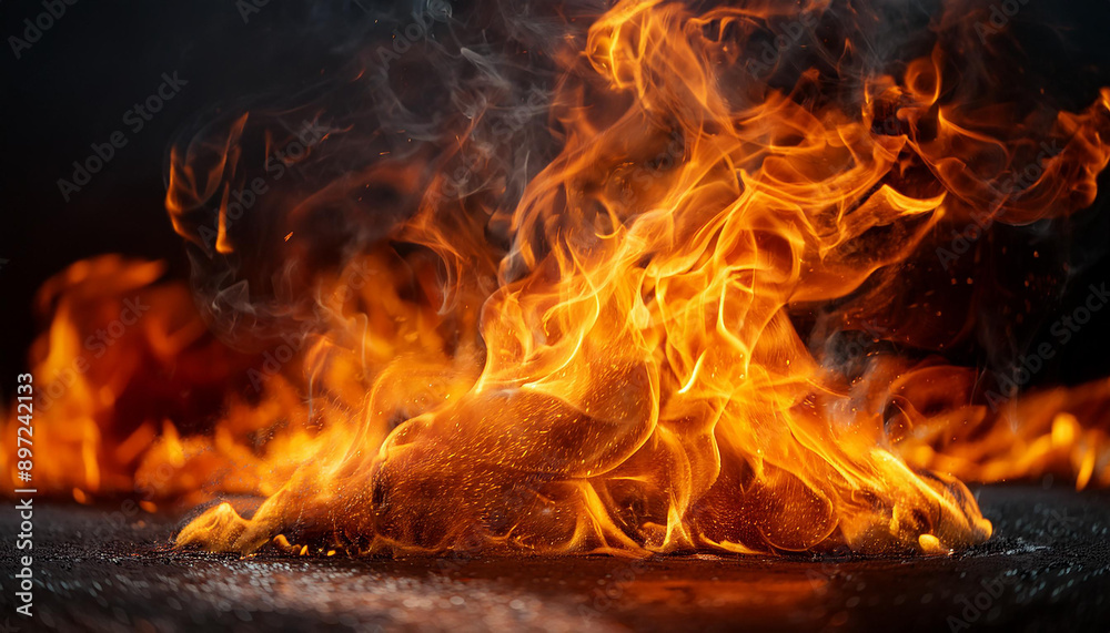 Fiery inferno with swirling embers in dark. Power of hot fire. Intensive orange and red flames. Fiery inferno with swirling embers in dark. Power of hot fire. Intensive orange and red flames.
