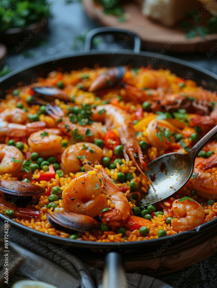 Paella with shrimp, mussels, and vegetables in a pan. Paella with shrimp, mussels, and vegetables in a pan.