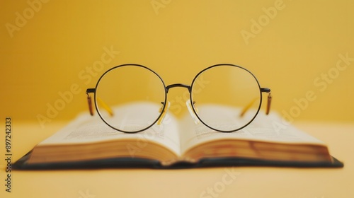 A pair of round eyeglasses are resting on an open book against a yellow background. Generative AI