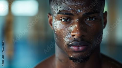 Close-up portrait of a male athlete covered in sweat after training