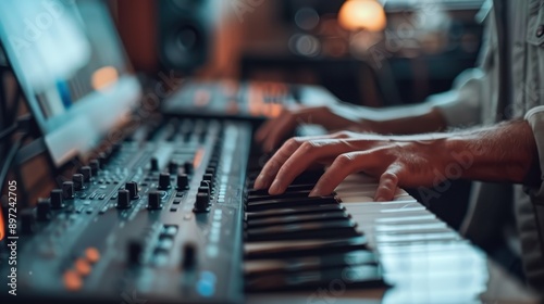 An electronic music studio featuring a sophisticated setup with keyboards, synthesizers, and sound equipment, fostering an environment for creativity and musical production. photo