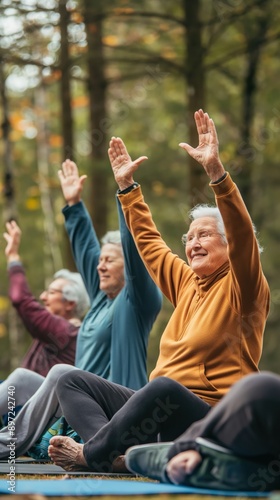 A group of older adults participate in a yoga class, sitting in a row with their arms raised and smiling, in a forest park