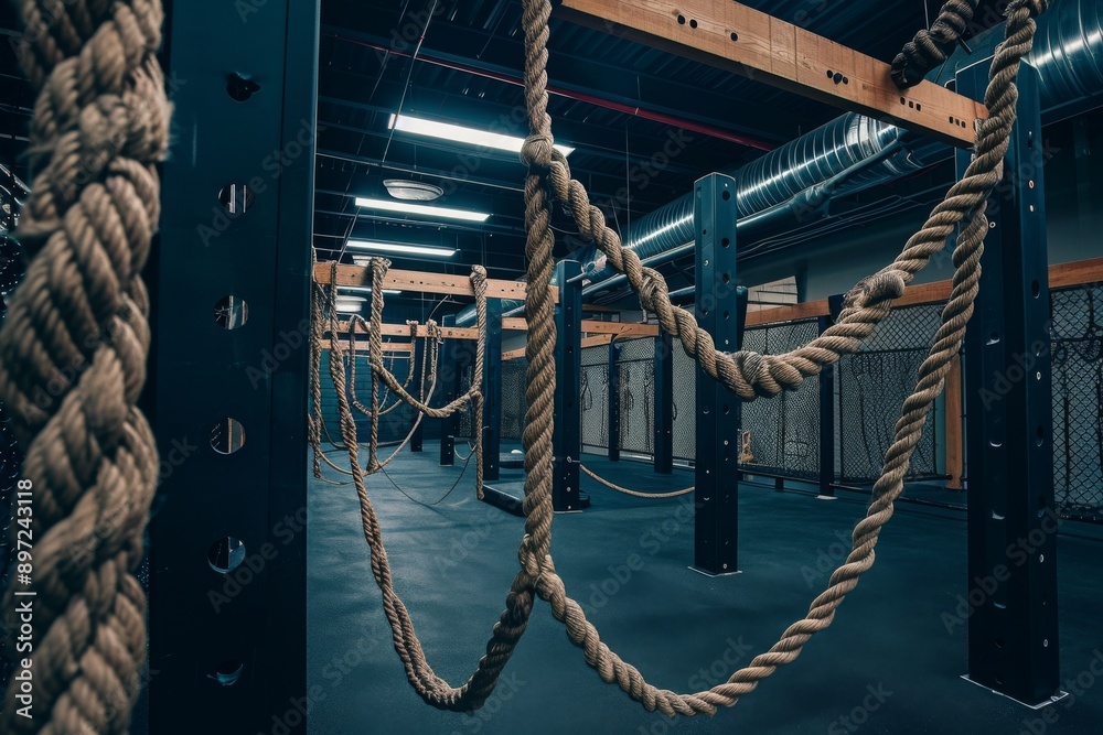Fototapeta premium A thick rope hangs from the ceiling of a well-lit gym, ready to be used for a workout or training session, Inside a CrossFit gym with rope climbs and cargo nets, AI Generated