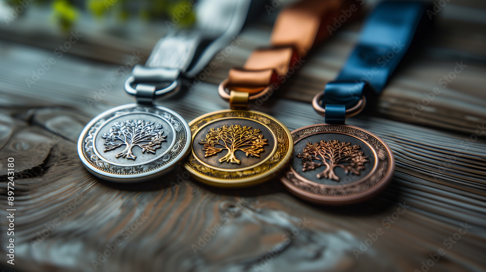 Silver, gold, and bronze tree medallion awards on wooden surface Silver, gold, and bronze tree medallion awards on wooden surface