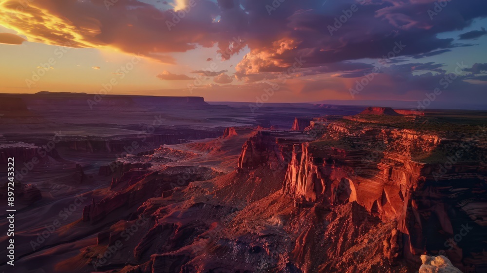 Fototapeta premium Showcase an aerial panorama of a canyon during sunset, with the sky painted in vibrant hues of orange and pink