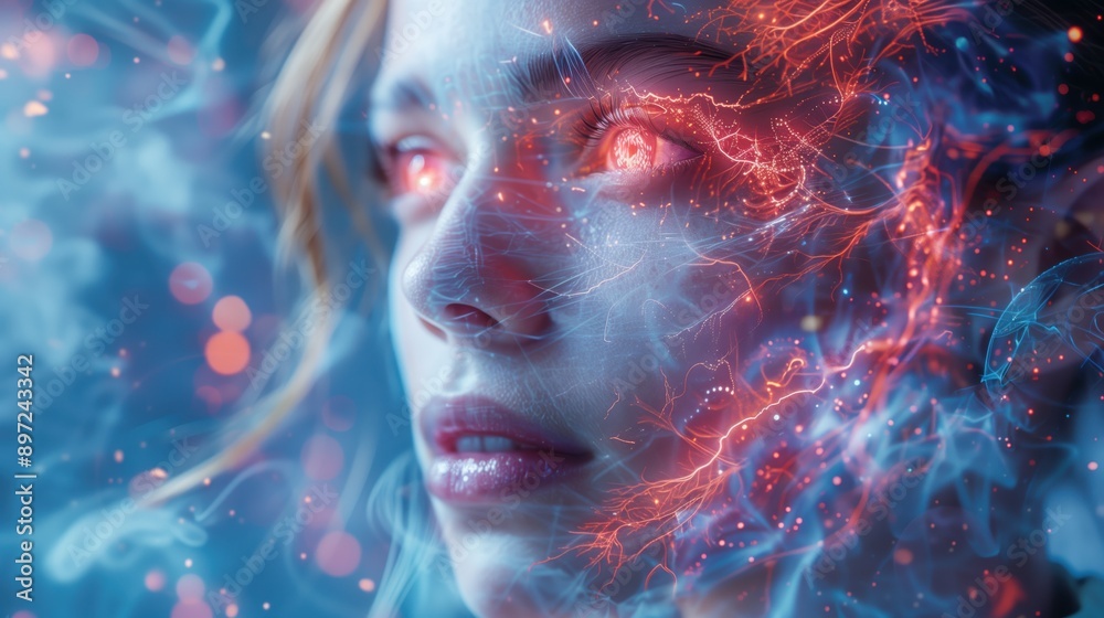 Conceptual Image of Neural Activity and Human Face. Conceptual image showing neural activity overlaying a human face, representing the intricate connections in the brain and nervous system. Conceptual Image of Neural Activity and Human Face. Conceptual image showing neural activity overlaying a human face, representing the intricate connections in the brain and nervous system.