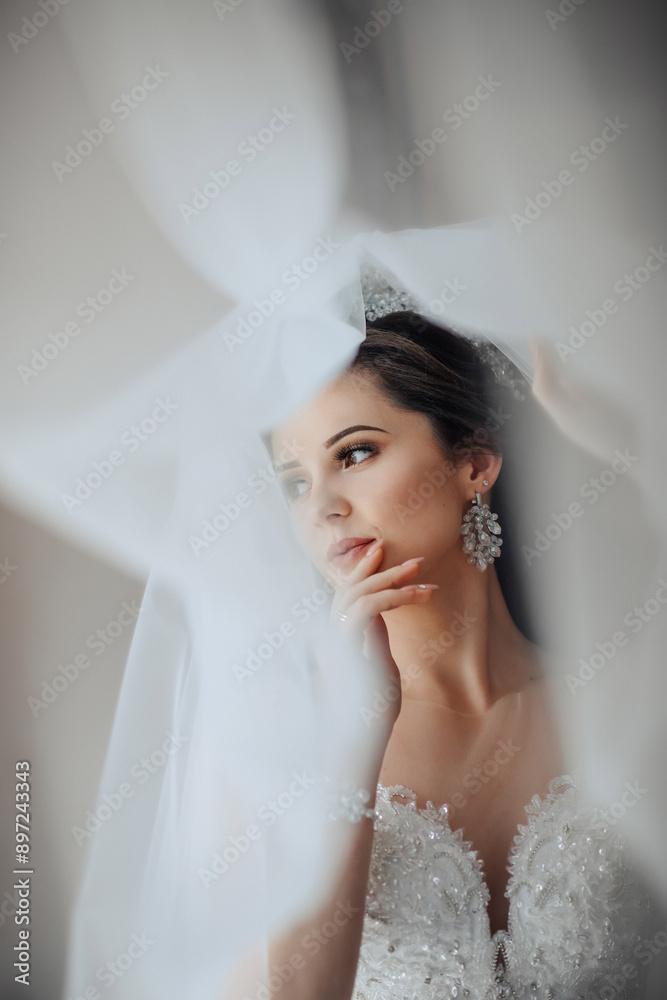 A woman is wearing a white veil and is looking at the camera. She is wearing a necklace and earrings A woman is wearing a white veil and is looking at the camera. She is wearing a necklace and earrings