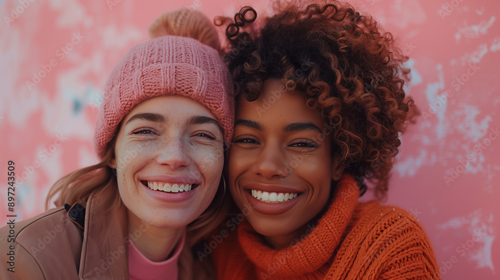 Two women laughing together in front of a pink wall Two women laughing together in front of a pink wall