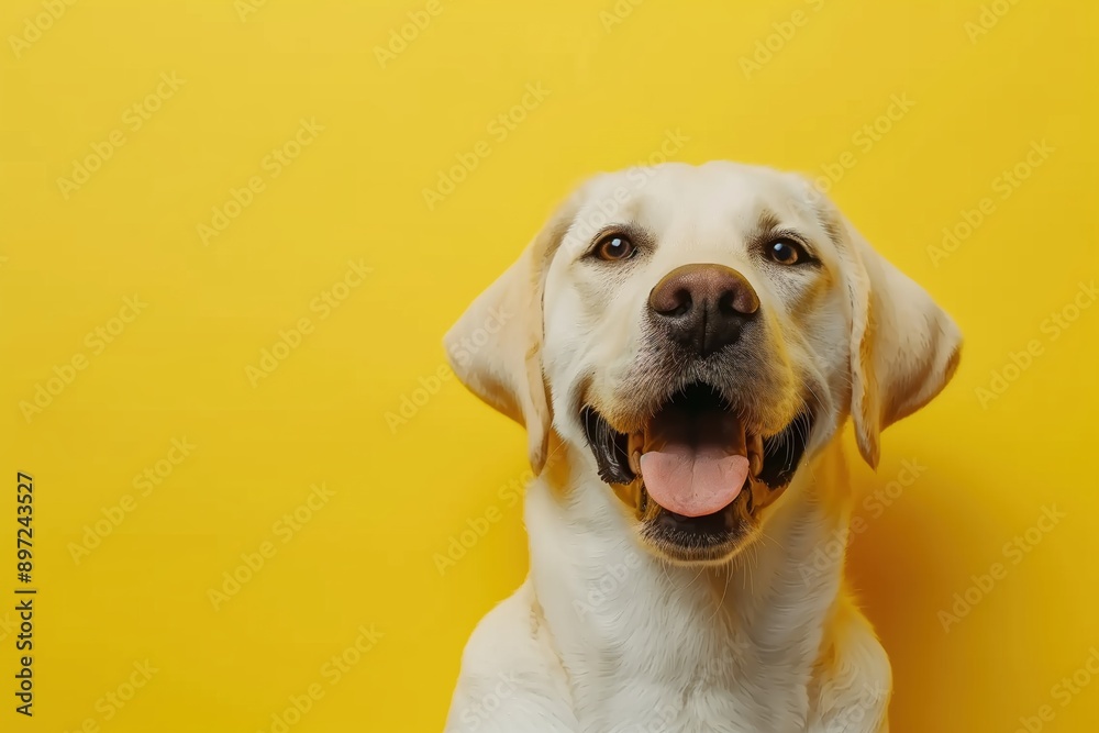 Labrador retriever dog barking on yellow background Labrador retriever dog barking on yellow background