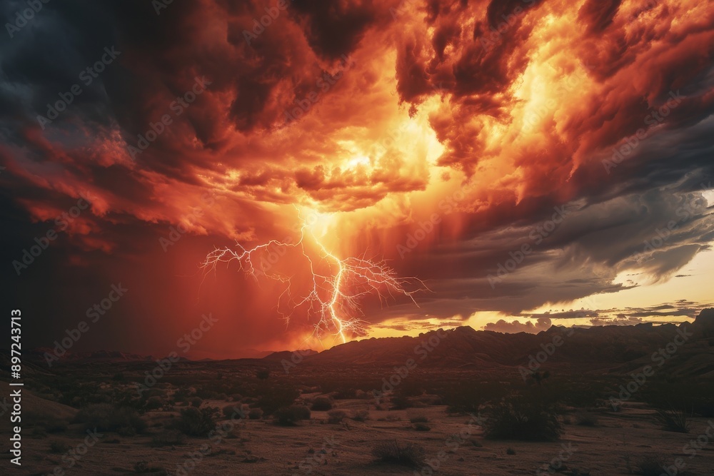A powerful storm cloud illuminates the sky with intense lightning strikes, Intense thunderstorm over a desert, AI Generated A powerful storm cloud illuminates the sky with intense lightning strikes, Intense thunderstorm over a desert, AI Generated