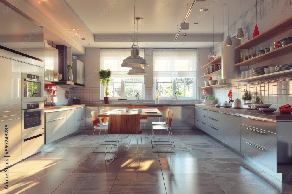 modern kitchen in a loft style with white walls and tiled floor modern kitchen in a loft style with white walls and tiled floor