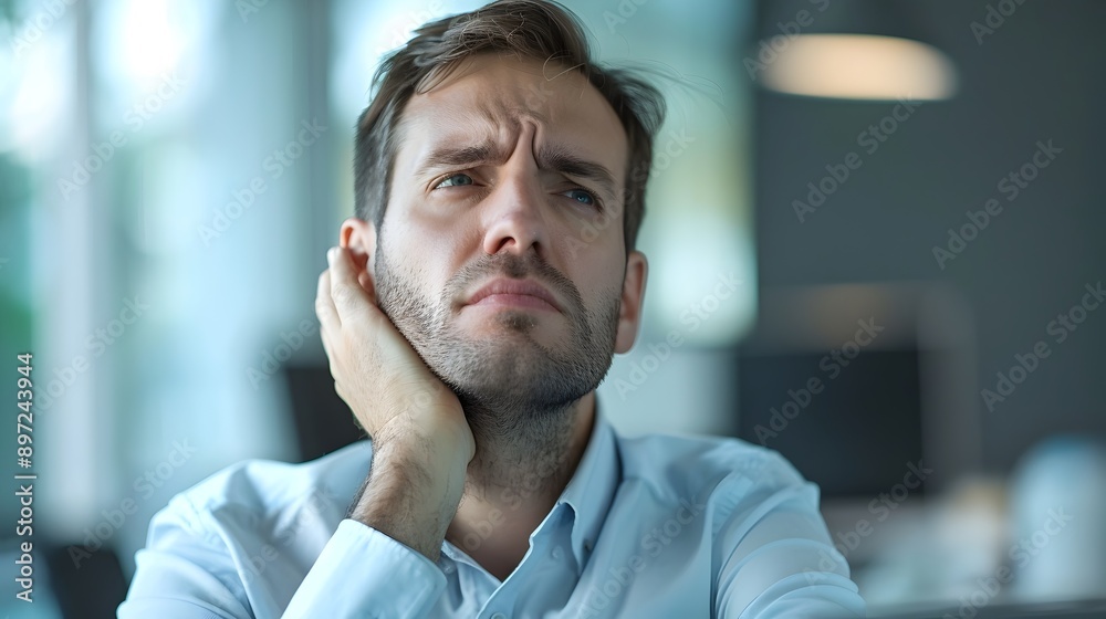 Obraz premium Frustrated Office Worker Suffering from Neck Discomfort Due to Ergonomic Issues