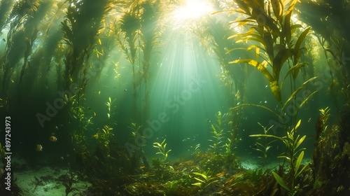 A mesmerizing view of a kelp forest with sunlight filtering through the water, illuminating the plants and diverse marine life.