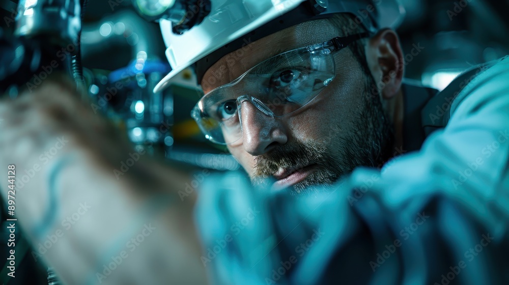 A maintenance worker in a safety helmet diligently adjusts a sophisticated piping system, exhibiting concentration and technical skills within a modern industrial environment, amidst intricate machin