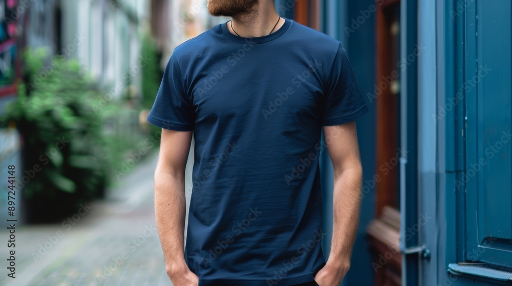 Navy blue Color T-Shirt Mockup Template on Adult Hipster for Print Design Navy blue Color T-Shirt Mockup Template on Adult Hipster for Print Design