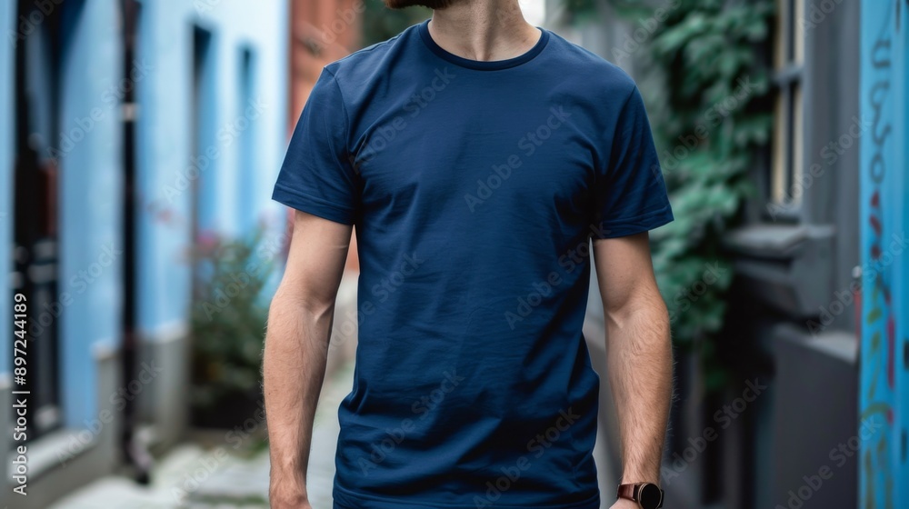 Navy blue Color T-Shirt Mockup Template on Adult Hipster for Print Design