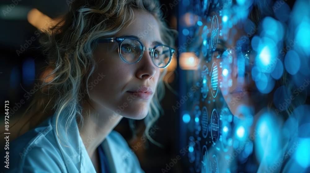 Scientist Studying Data on Digital Screen. Scientist closely examining data on a digital screen in a dimly lit lab, representing dedication to medical research. Scientist Studying Data on Digital Screen. Scientist closely examining data on a digital screen in a dimly lit lab, representing dedication to medical research.
