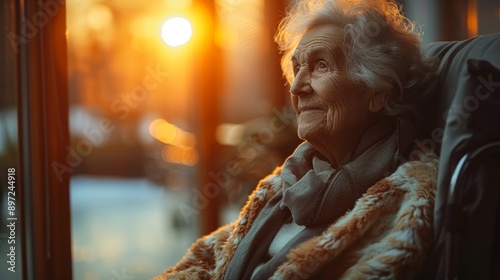 Elderly Woman Contemplating During Golden Hour Sunset