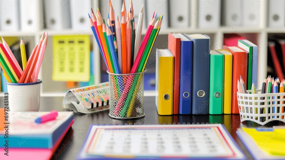 A modern and colorful desk with vibrant books, a variety of colored pencils in a holder, and creative items like a calendar, sticky notes, and a stapler, ready for back to school. A modern and colorful desk with vibrant books, a variety of colored pencils in a holder, and creative items like a calendar, sticky notes, and a stapler, ready for back to school.