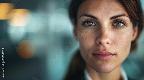 A close-up portrait of a woman with a serious expression and straight hair, standing indoors. The soft, blurred background adds depth, highlighting her focused demeanor. photo