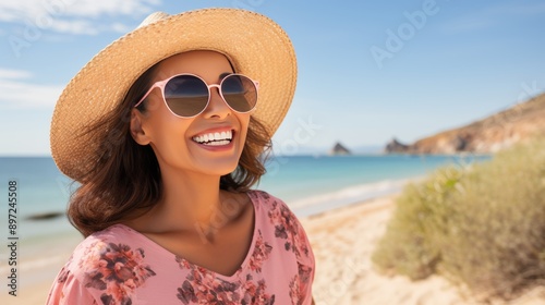 Happy middle aged woman enjoying a natural beach lifestyle under the warm sunny weather