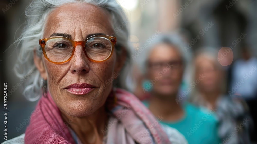 An elderly woman with gray hair and glasses is smiling confidently at the camera, with others blurred in the background. She is wearing a scarf and a focused expression. An elderly woman with gray hair and glasses is smiling confidently at the camera, with others blurred in the background. She is wearing a scarf and a focused expression.