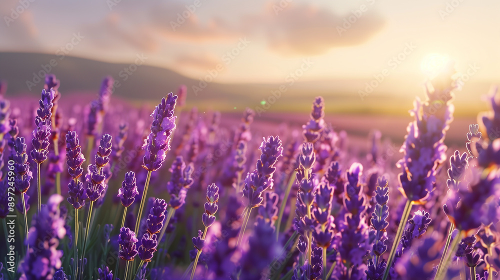 Obraz premium A high-definition image of lavender fields in bloom, with a clear and soft sky background, emphasizing the rich purples and the serene landscape.