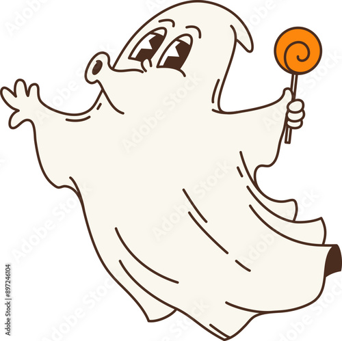 Cartoon retro groovy Halloween ghost character. Isolated vector mischievous and grinning spook, floats with a colorful lollipop in hand, whistle funky melody, spectral form celebrate spooky night
